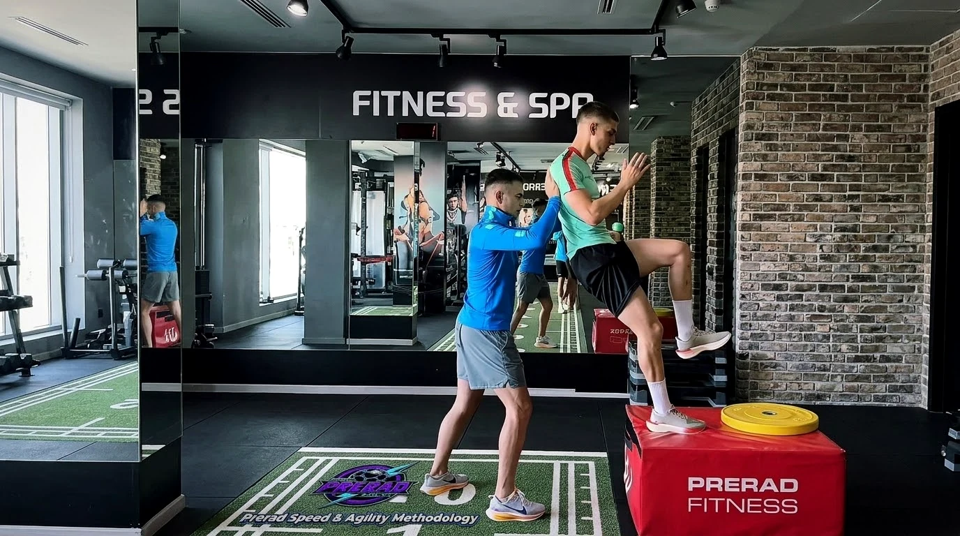 A coach works with a footballer on an explosive box drill.