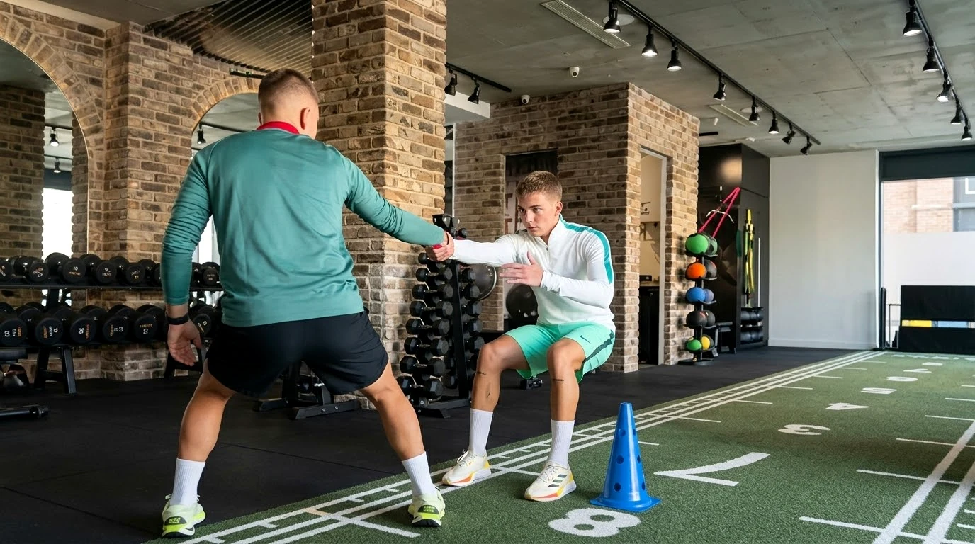 A coach guides an athlete through a controlled stability drill.