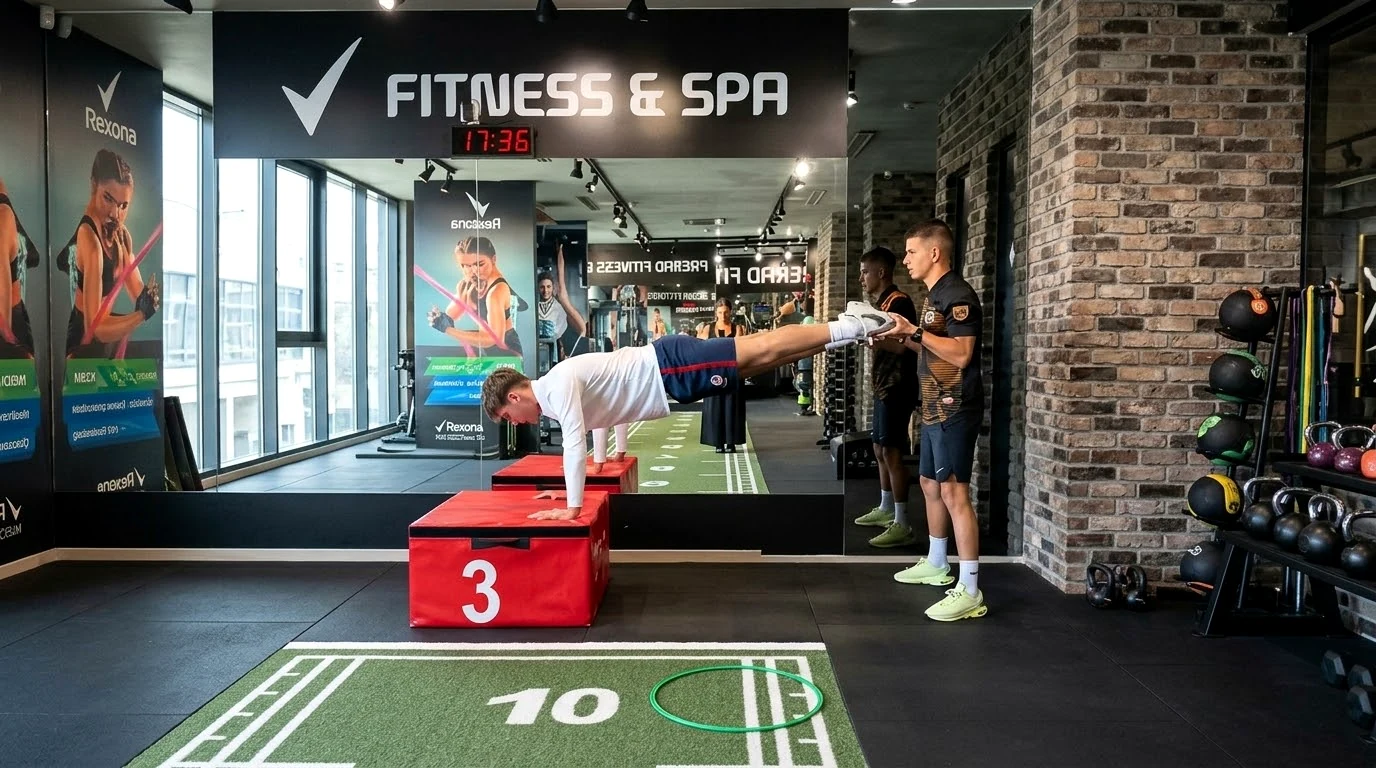 An athlete holds a stability exercise during a coached session.