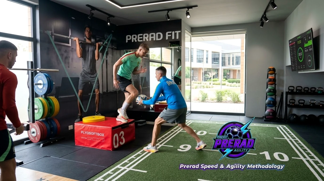 A football athlete performs a plyometric exercise while a coach supervises.