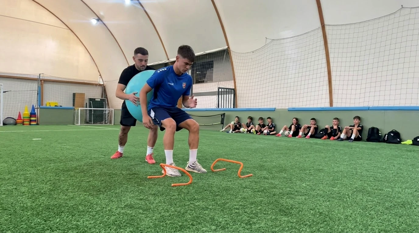 Footballers practise a quick hurdle sequence on an indoor turf field.